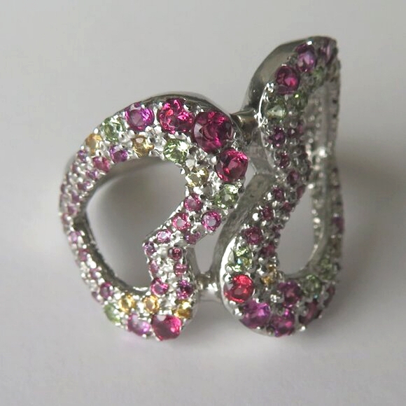 Double Heart Rhodolite Garnet Peridot Gemstone 925 Sterling Silver Ring Size 9 - Picture 5 of 15